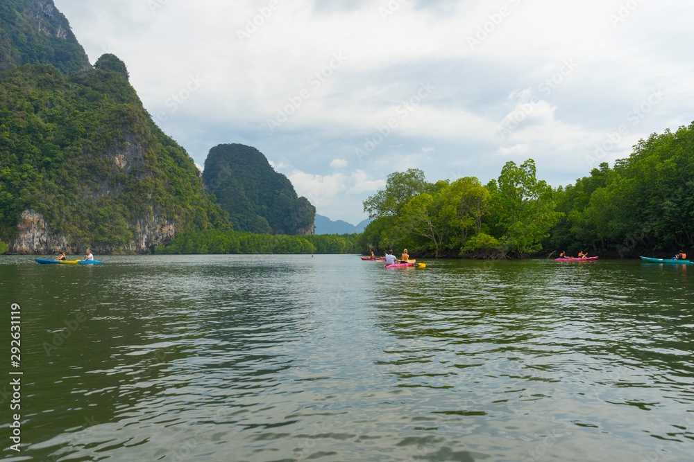 Group of tourists kayaking at Ao tha lane, Krabi, Thailand Group of tourists kayaking at Ao tha lane, Krabi, Thailand