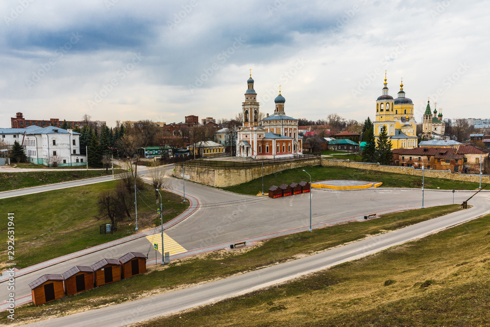 Obraz premium Orthodox churches in the city of Serpukhov, Moscow Region, Russia, in the historical center of the city, on Volodarsky Street, on the site of a historic city posad.