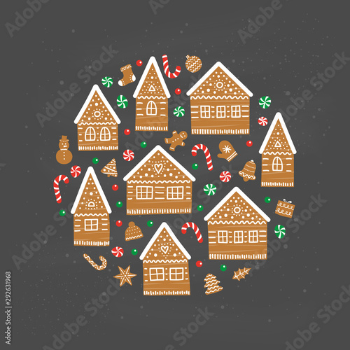 Doodle gingerbread sweet houses with decorative icing and cookies, candies composed in circle shape.