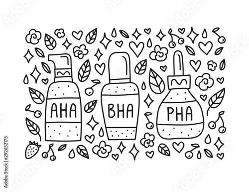 Doodle aha, bha, pha in cosmetic bottles and decorative elements around isolated on white background. photo