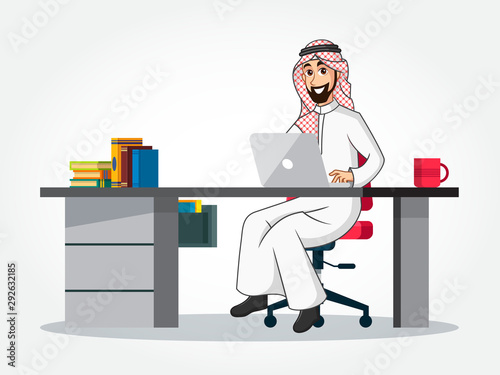 Arabic Businessman cartoon Character in traditional clothes sitting at his desk with laptop isolated on white background