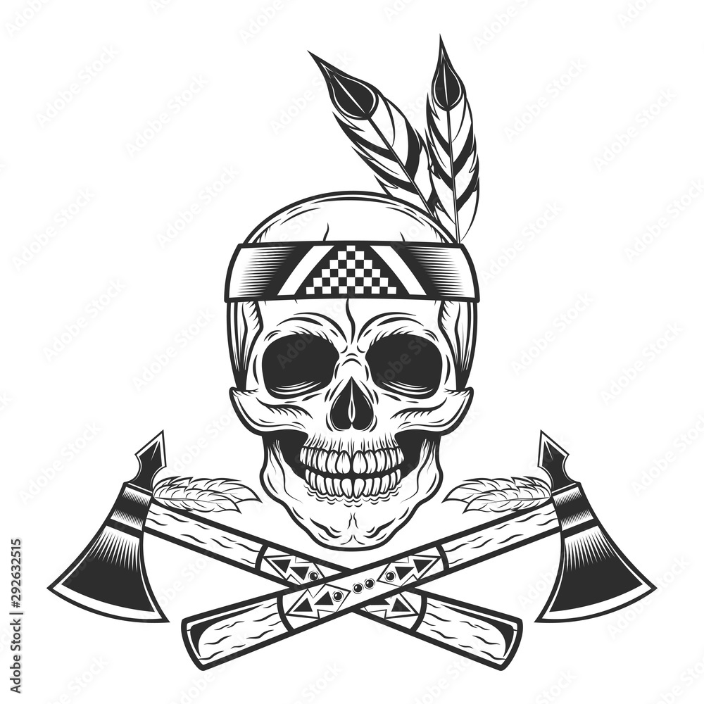 Vetor de Skull of american indian tribe with tomahawk logo. Vector ...