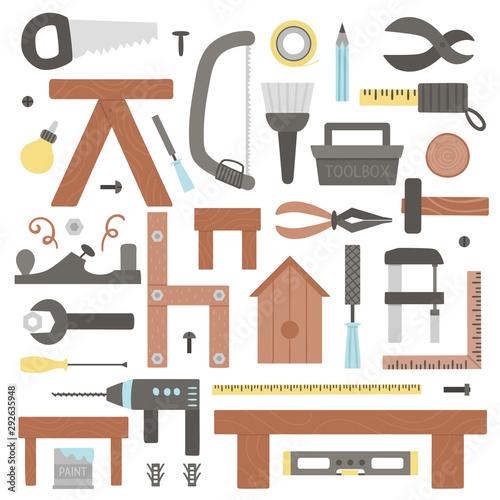 Vector tools set. Flat colored illustration with building, carpenter equipment for card, poster or flyer design. Woodwork, repair service or craft workshop concept.