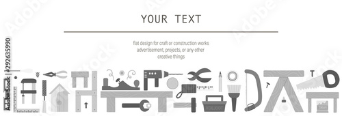 Vector horizontal tools set in greyscale. Flat colored illustration with building, carpenter equipment for card, poster or flyer design. Woodwork, repair service or craft workshop concept.