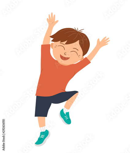 Vector smiling boy jumping with joy and happiness with his hands up. Joyful, delighted, happy kid character. Hilarious child picture for children’s design. Flat funny illustration of good mood.