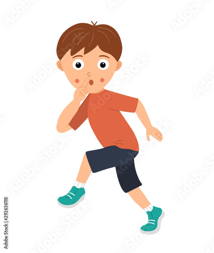 Vector illustration of a boy sneaking silently holding a finger at his mouth in sign of silence. Kid going cautiously asking not to reveal him or his secret. Flat funny character illustration.