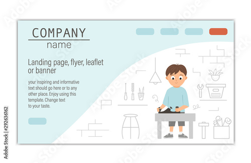 Flyer, card, banner or landing page template for building, repairing service company or craft masterclass website.  Vector flat illustration of a man plane with on workshop background. 