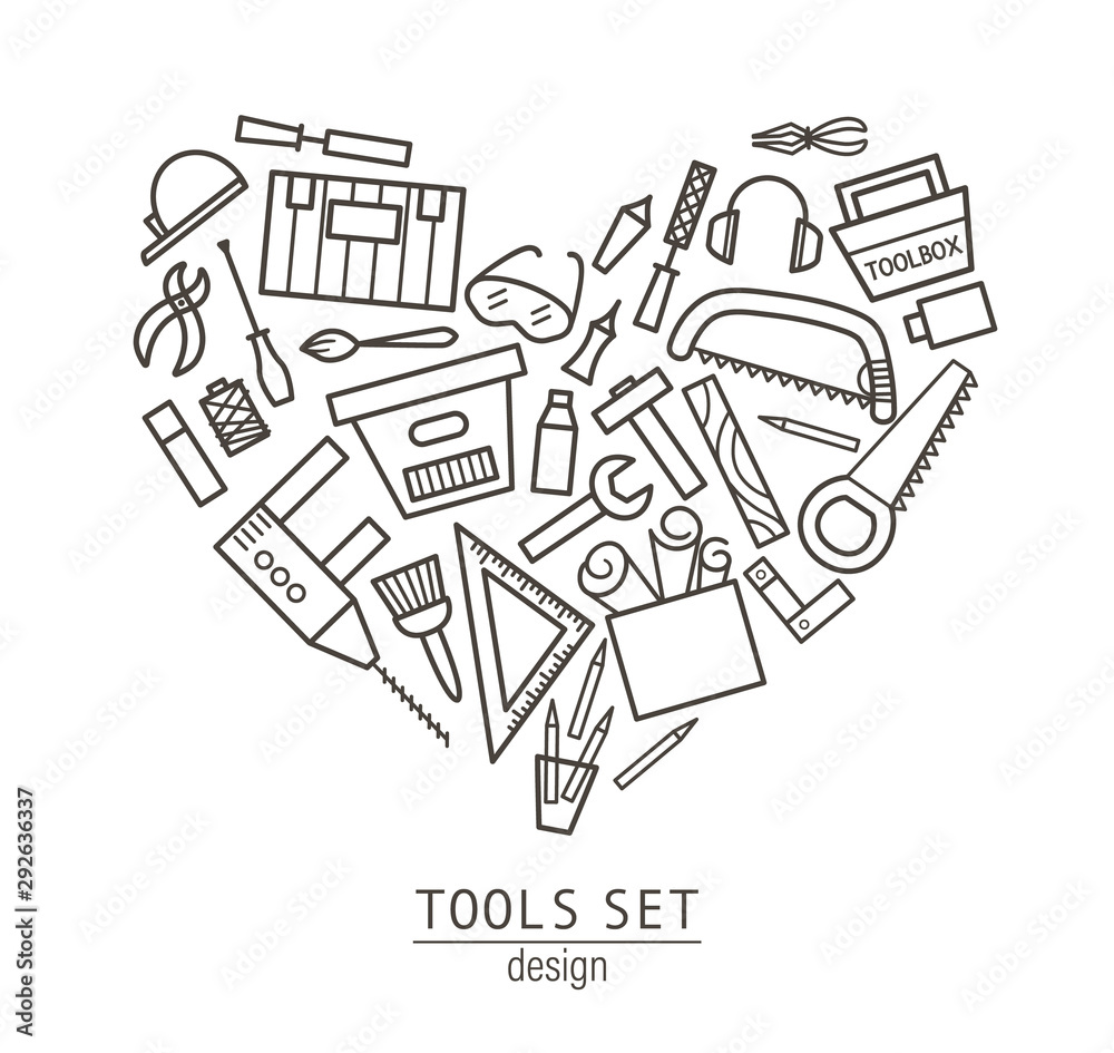 Vector tools icons set framed in heart shape. Flat linear black and white illustration with building, carpenter equipment for card, poster or flyer design. Woodwork, repair service Vector tools icons set framed in heart shape. Flat linear black and white illustration with building, carpenter equipment for card, poster or flyer design. Woodwork, repair service
