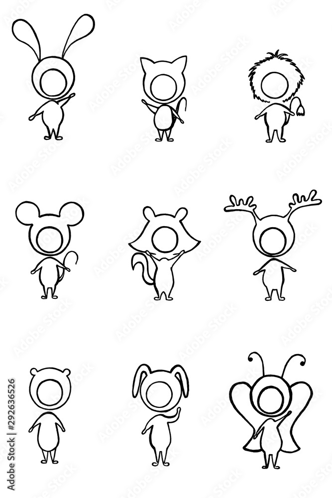 Outline drawing of children drawn by hand in pencil. Children's costumes for the holiday