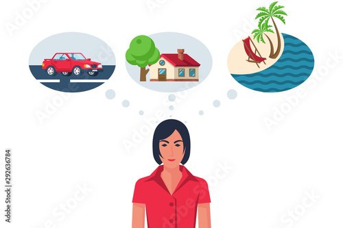 Businesswoman dreams of a new car at home or a vacation on the island. Concept investment and earning. Vector illustration flat design. Isolated on white background.