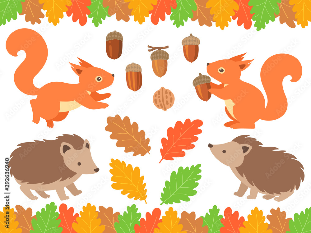 秋の森のイラストセット リスとハリネズミとどんぐりと紅葉 Stock Vector Adobe Stock