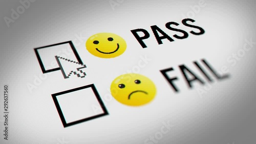 Pass and Fail Checkbox Marking Survey With Emoticon Icons. Mouse Cursor Checking Pass and Fail Option on White  Background.
