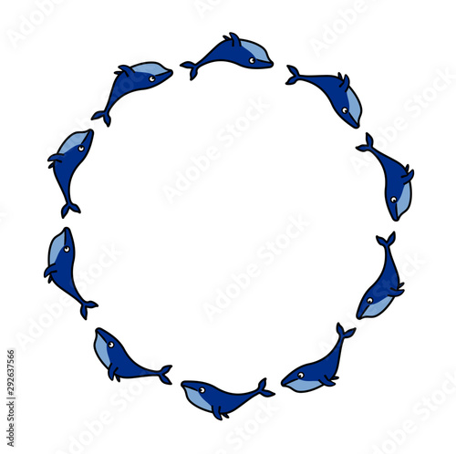 Cartoon whales lined up in a circle. Lines on white background. For graphic design, publications, and logos