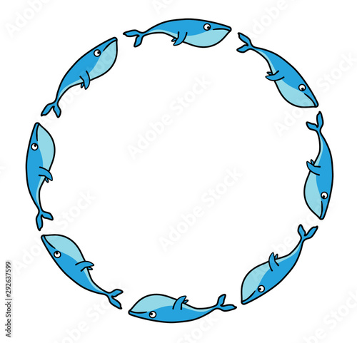 Cartoon whales lined up in a circle. Lines on white background. For graphic design, publications, and logos