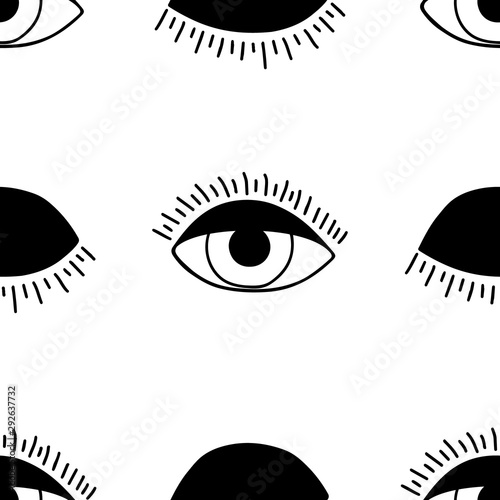 hand drawn seamless pattern with open and winking eyes.