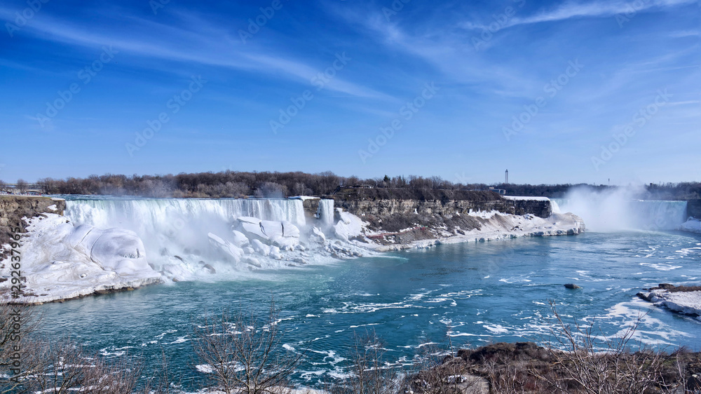 Spring panoramic view of the Niagara Falls Horseshoe Falls, the American Falls, Bridal Veil Falls from the Canadian side