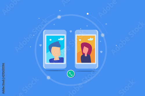 Online video chat, video call via mobile phone, people interacting via video call, internet technology concept. Flat design vector banner.