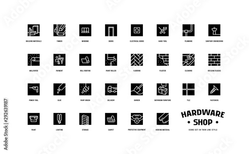 Hardware shop and building set of square icons