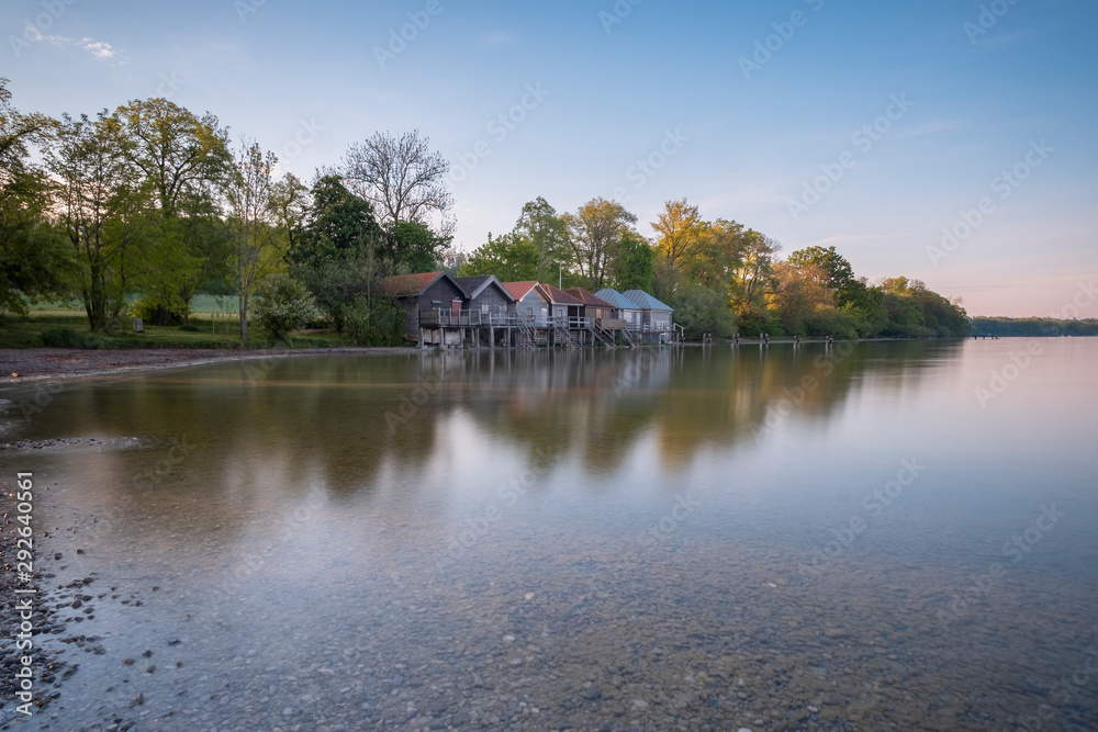 Small wooden cabins on Lake Ammersee in Bavaria