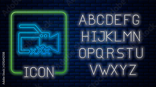 Glowing neon Video camera with inscription XXX icon isolated on brick wall background. Age restriction symbol. 18 plus content sign. Adult channel. Neon light alphabet. Vector Illustration