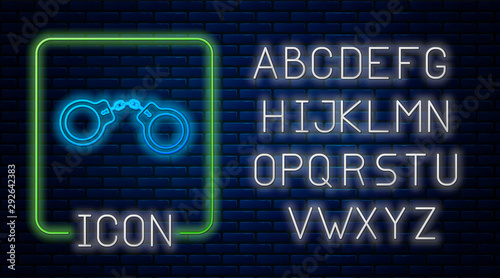 Glowing neon Handcuffs icon isolated on brick wall background. Neon light alphabet. Vector Illustration