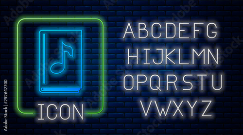 Glowing neon Audio book icon isolated on brick wall background. Musical note with book. Audio guide sign. Online learning concept. Neon light alphabet. Vector Illustration