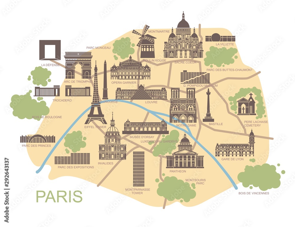 Stylized map of Paris with the main tourist attractions