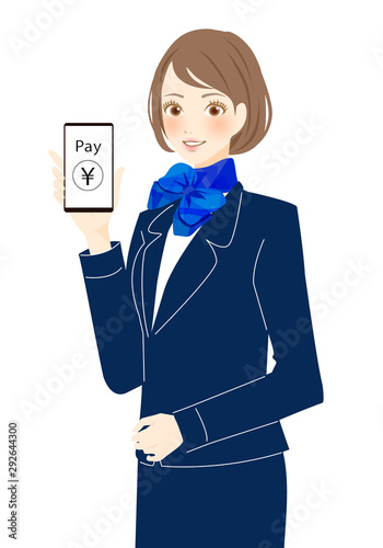 キャッシュレス決済を説明する女性　解説　携帯会社　アプリ