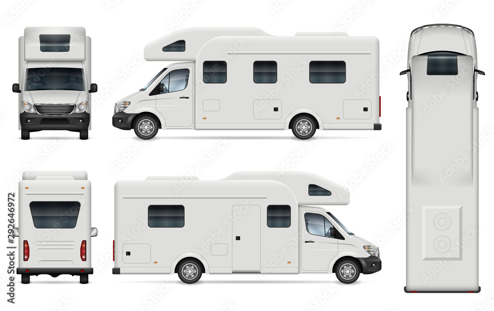 Recreational vehicle vector mockup on white for vehicle branding, corporate identity. View from side, front, back, and top. All elements in the groups on separate layers for easy editing and recolor