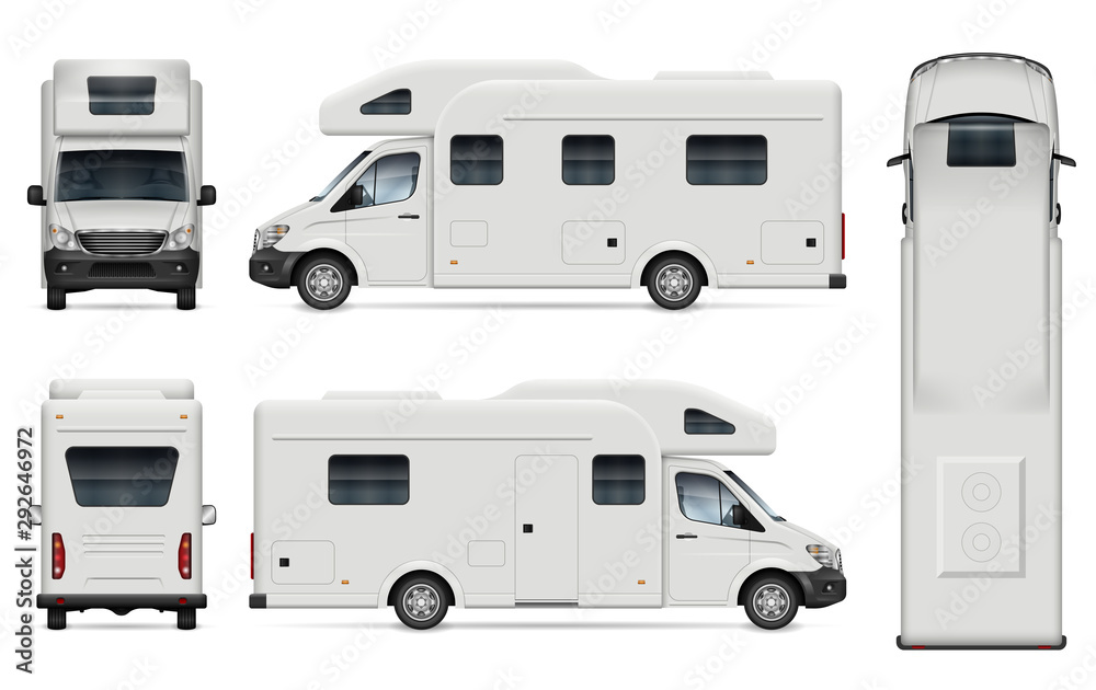 Recreational vehicle vector mockup on white for vehicle branding, corporate identity. View from side, front, back, and top. All elements in the groups on separate layers for easy editing and recolor Recreational vehicle vector mockup on white for vehicle branding, corporate identity. View from side, front, back, and top. All elements in the groups on separate layers for easy editing and recolor