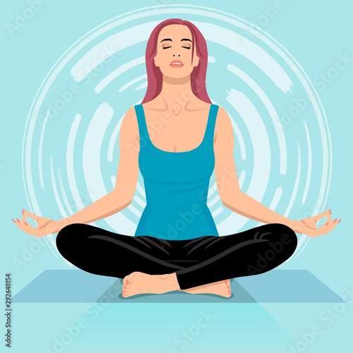 Заголовок	 Young woman meditating in sitting pose, minimalis comics style illustration, light color scheme