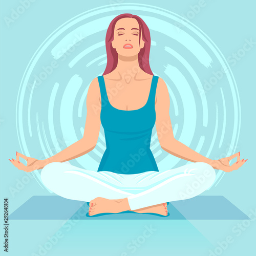 Заголовок	 Young woman meditating in sitting pose, minimalis comics style illustration, light color scheme