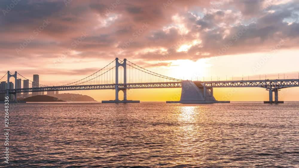 Timelapse of Sunrise at Gwangan Bridge and Haeundae in Busan City, South Korea. Timelapse of Sunrise at Gwangan Bridge and Haeundae in Busan City, South Korea.