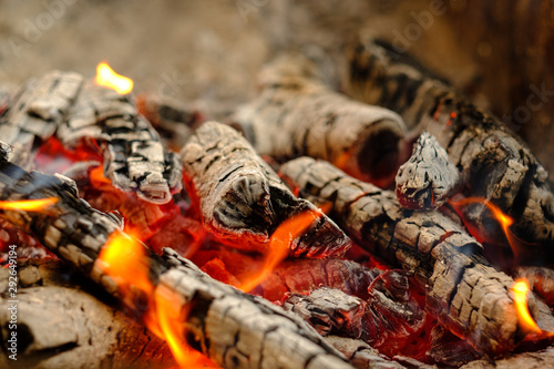 Hot coals and flames in burning campfire © Oleg Samoylov