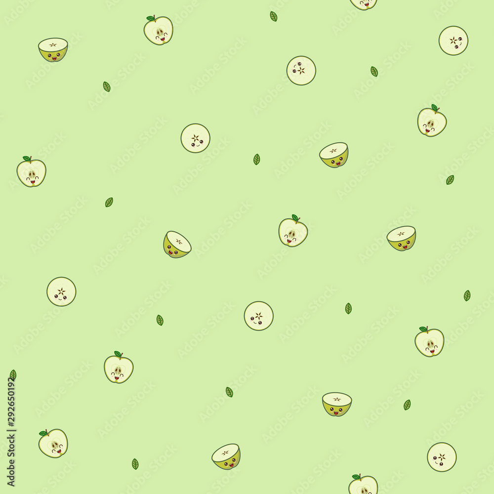Kawaii green apple pattern at green background Kawaii green apple pattern at green background
