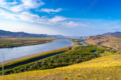 Selenga River with Sagan Daban mountains in the background in Ulan Ude, Russia photo