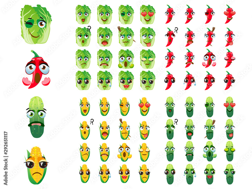 Set of vegetables. Emoji Emoticon Expression. corn, hot pepper, Beijing