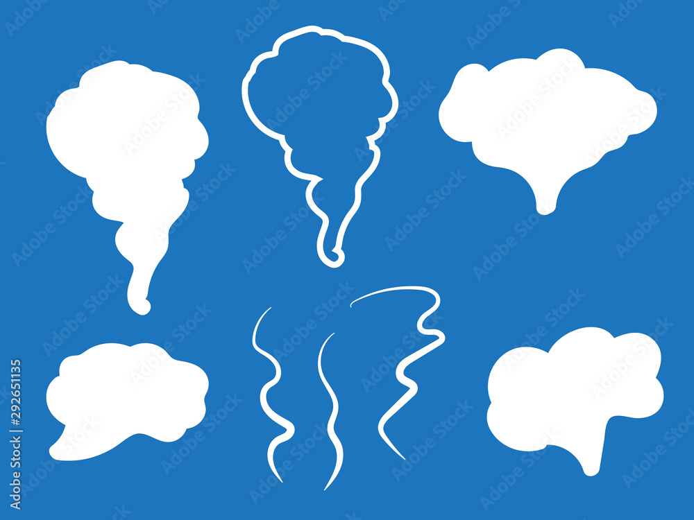 Smoke vector collection. Set of realistic white smoke steam, waves from coffee