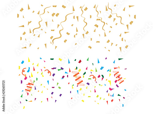 Background party celebration gold confetti. Gold glitter confetti flying vector background