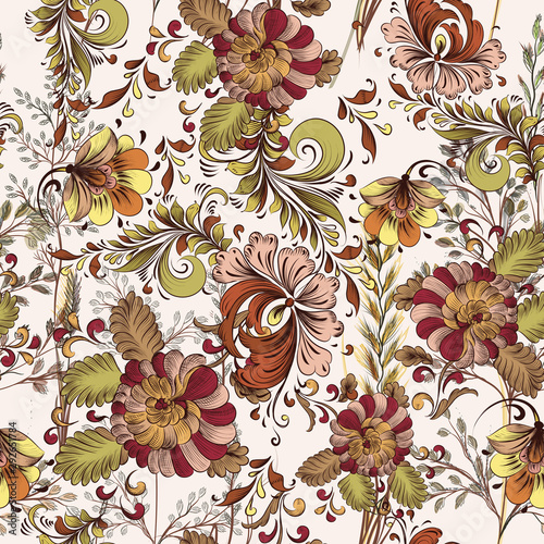 Flower vector pattern with hand drawn ornamental plants. Vintage Provence style