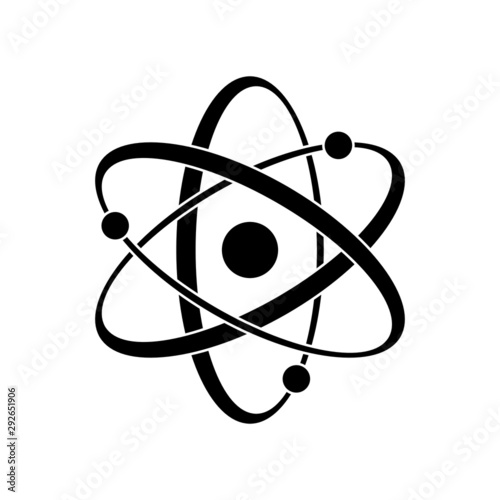 Black Atom vector icon. Symbol of science, education, nuclear physics, scientific research. Three electrons rotate in orbits around atomic nucleus. Concept of elementary particles design.