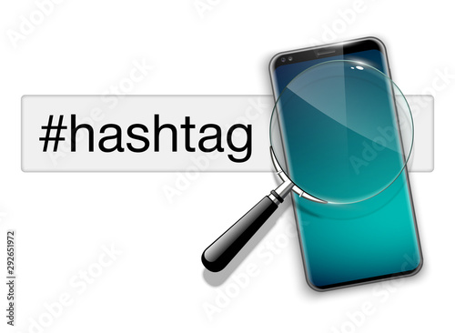 illustration web search by hashtag on mobile phone isolated on white background. Banner with smartphone search engine browser by hashtag