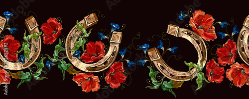 Embroidery gold horseshoe and red poppies flowers horizontal seamless pattern. Summer floral colorful template fashionable clothes. Garden art