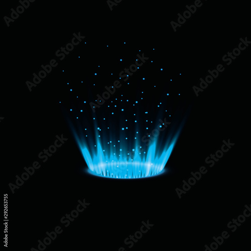 Magic portal of fantasy. Futuristic teleport. Light effect. Rays of light. Night scenes and sparks on a black background. Empty catwalk light effect. Vector graphics.