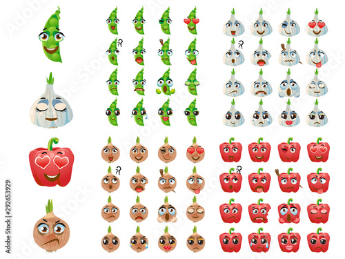 Set of vegetables. Emoji Emoticon Expression. Onions, garlic, sweet peppers, peas