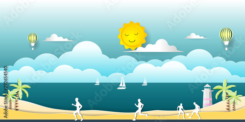Paper art of beach and sea in summer concept, Flat and digital craft style vector illustration