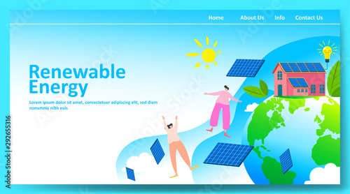 Green renewable energy with people or family parent kid. Boy girl are happy life on earth globe with clean energy from solar panels and wind generators, walking, playing, cycling in city. - Vector