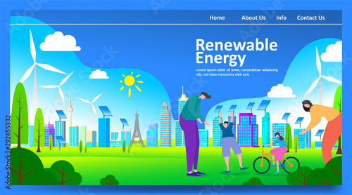 Green renewable energy concept with people or family parent kid. Boy girl are happy life on earth with clean energy from solar panels and wind generators, walking, playing, cycling in city. - Vector