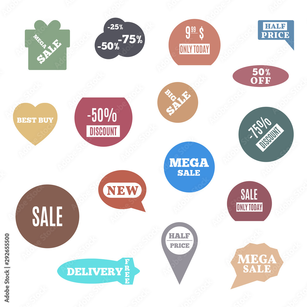 Set of colored label of discount and sale, vector illustration. Set of colored label of discount and sale, vector illustration.