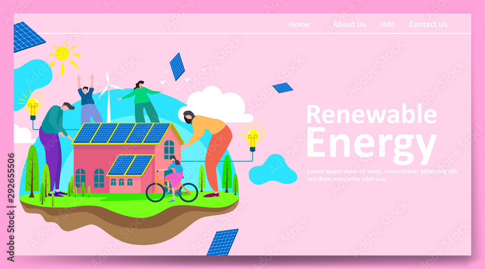 Green renewable energy concept with people or family parent kid. Boy girl are happy life on earth with clean energy from solar panels and wind generators, walking, playing, cycling in city. - Vector Green renewable energy concept with people or family parent kid. Boy girl are happy life on earth with clean energy from solar panels and wind generators, walking, playing, cycling in city. - Vector
